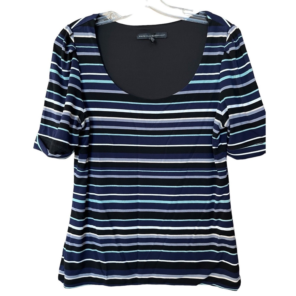 White House Black Market Womens Medium M Black Multi Stripe Blouse Top 90s